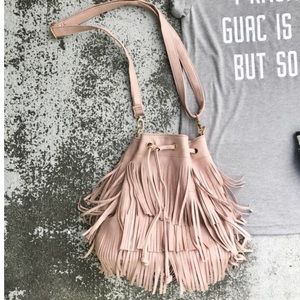 Blush Fringe Bucket Crossbody Handbag